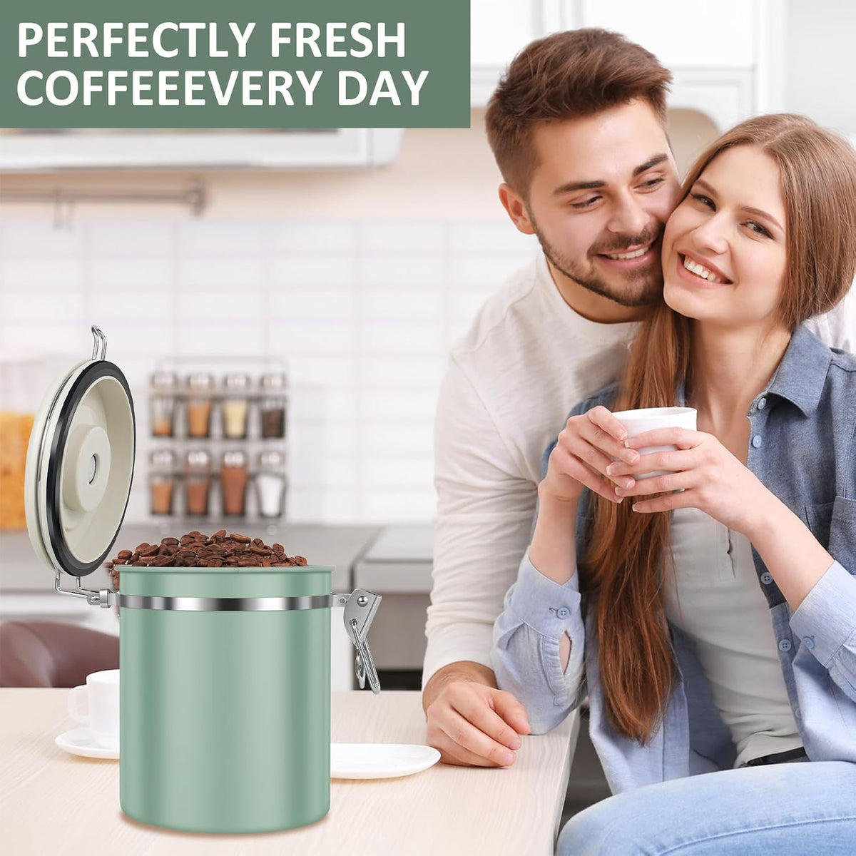 2PCS Coffee Storage Canister 1.5L 51OZ Double Airtight Coffee Beans Container with Date Locator 304 Stainless Steel Kitchen Food Storage Container with Spoon For Coffee Beans Grounds Tea Sugar