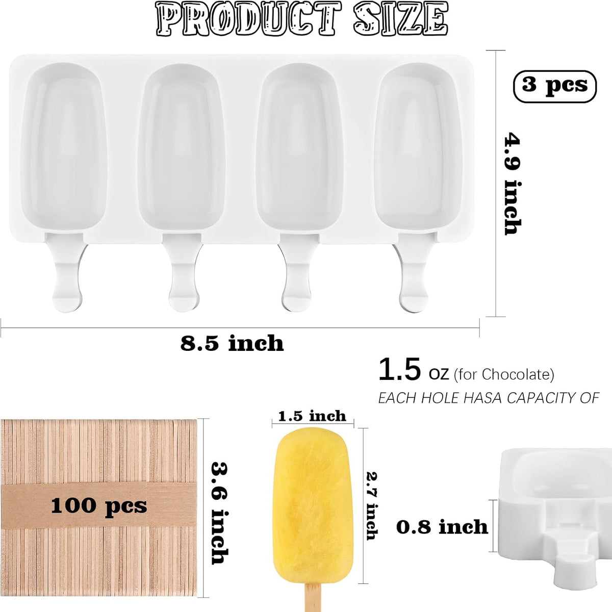 3 Pcs 4 Cavity Mini Popsicle Silicone Molds with 100 Wooden Sticks | Food Grade Silicone, Easy to Use, Oval Homemade Ice Cream Molds for Ice Pop, Cakesicles, Cake Pop