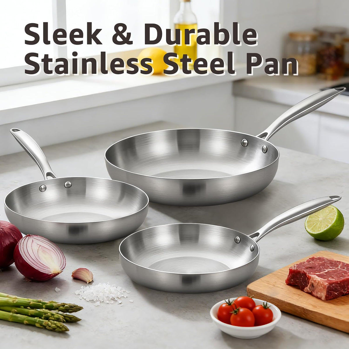 Inqibee Tri-Ply Stainless Steel Frying Pan Set of 3 with Lid,Skillets,Induction Cooking Pans Set,Riveted Handle,Eevn Heating and Oven Safe,8-9.5-11 Inch