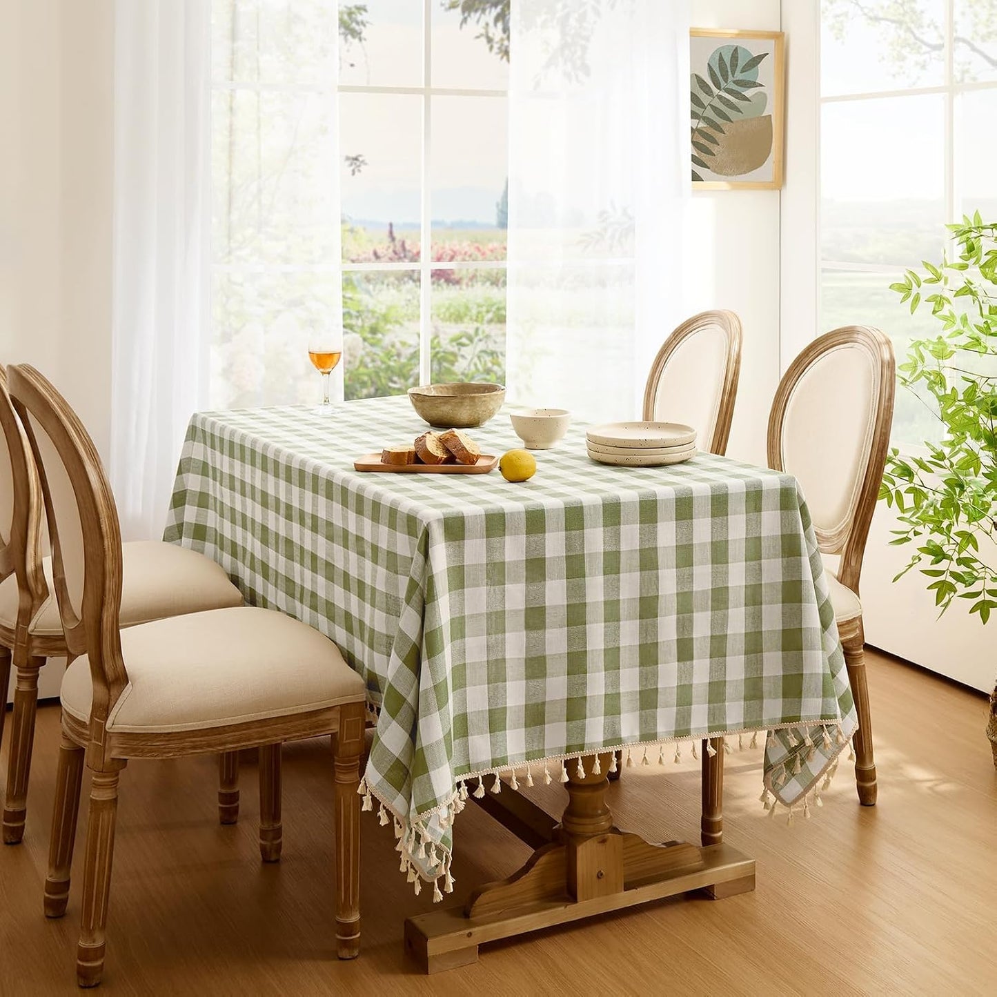 Softalker Outdoor Checkered Tablecloth, Linen Cotton Gingham Table Cloths for 6 Foot Rectangle Tables with Tassel, Heavy