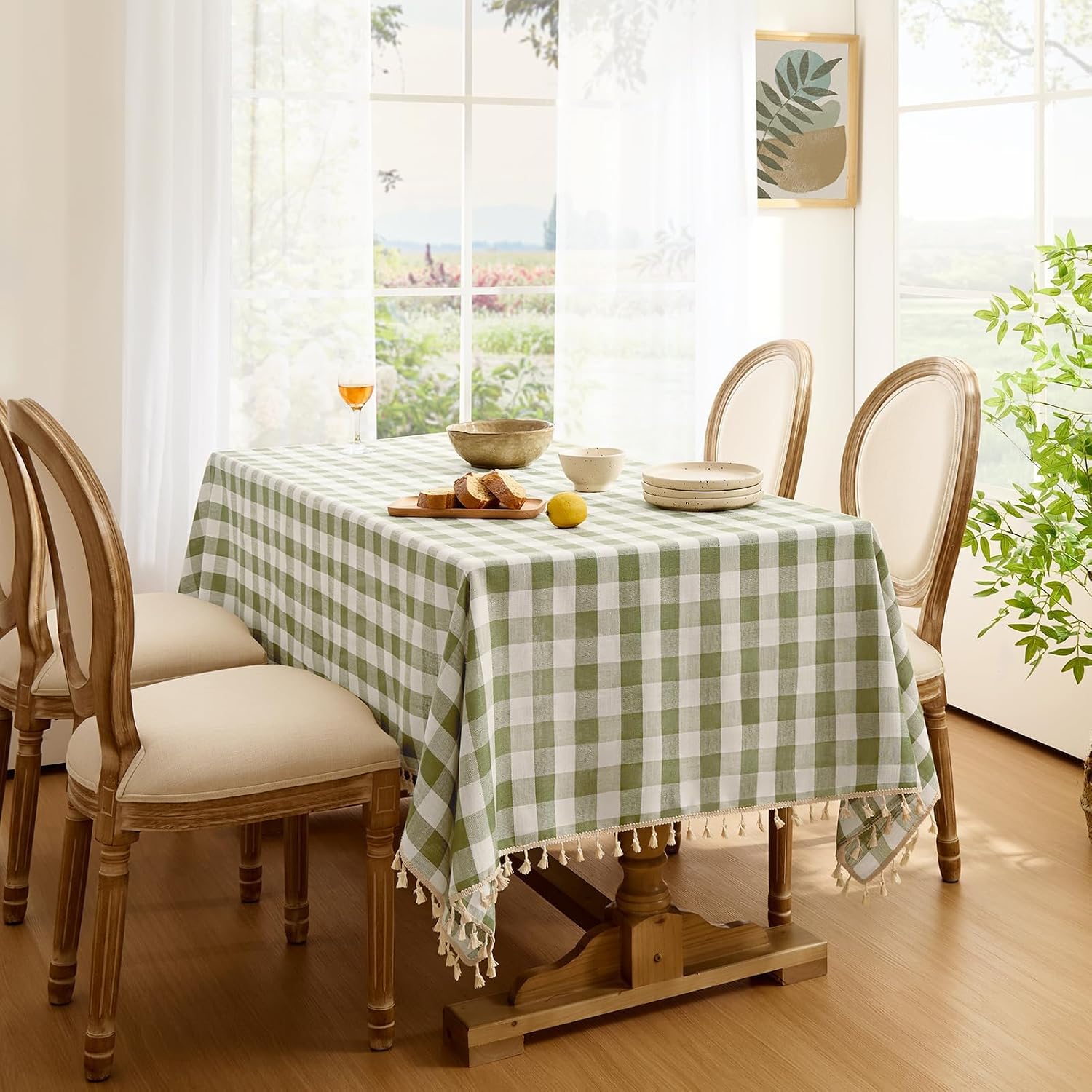 Softalker Outdoor Checkered Tablecloth, Linen Cotton Gingham Table Cloths for 6 Foot Rectangle Tables with Tassel, Heavy