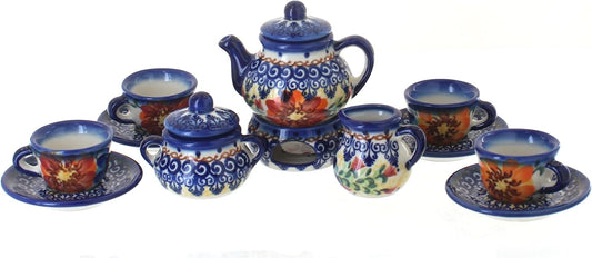 Blue Rose Polish Pottery - Orange Autumn Burst Miniature Tea Set - 1 Set - Polish Pottery Collectible Tea Set with Teapot &
