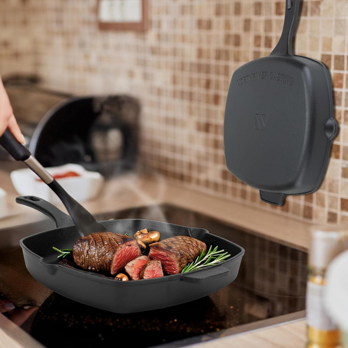 10.5 Inch Cast Iron Square Grill Pan with Tempered Glass Lid, Heavy Steak & Bacon Pans for Stove Tops