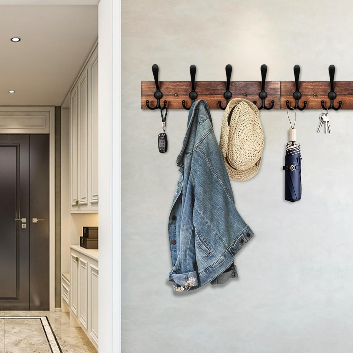IBosins Wall Mounted Coat Rack, 31.4" Long with 8 Black Rustic Tri-Hooks