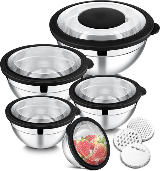 E-far Mixing Bowls Set of 5, Stainless Steel Salad Mixing Bowl with Transparent Lid, Metal Nesting Bowl Attach with 3