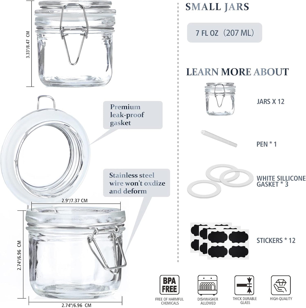 7 oz Glass Jars with Airtight Lid, 12Pk Small Mason Jars for Storage &amp; Gift