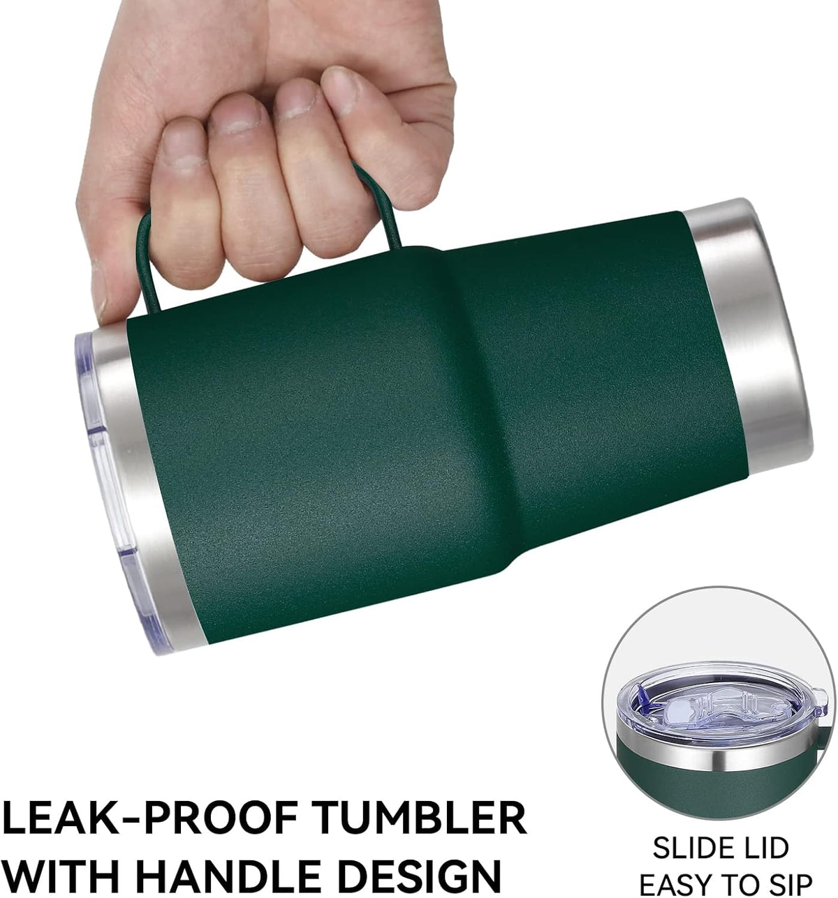 VEGOND 20 oz Tumbler with Handle Lid and Straw, Stainless Steel Insulated Travel Coffee Mug Spill Proof Double Wall Metal Tumbler Cup Keeps Drink Hot and Cold, Dark Green 1 Pack