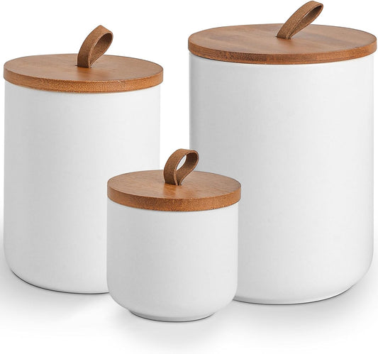 White Ceramic Canister Set with Bamboo Lids, 3-Piece Airtight Food Storage Jars for Kitchen - Flour, Sugar, Coffee, Tea,