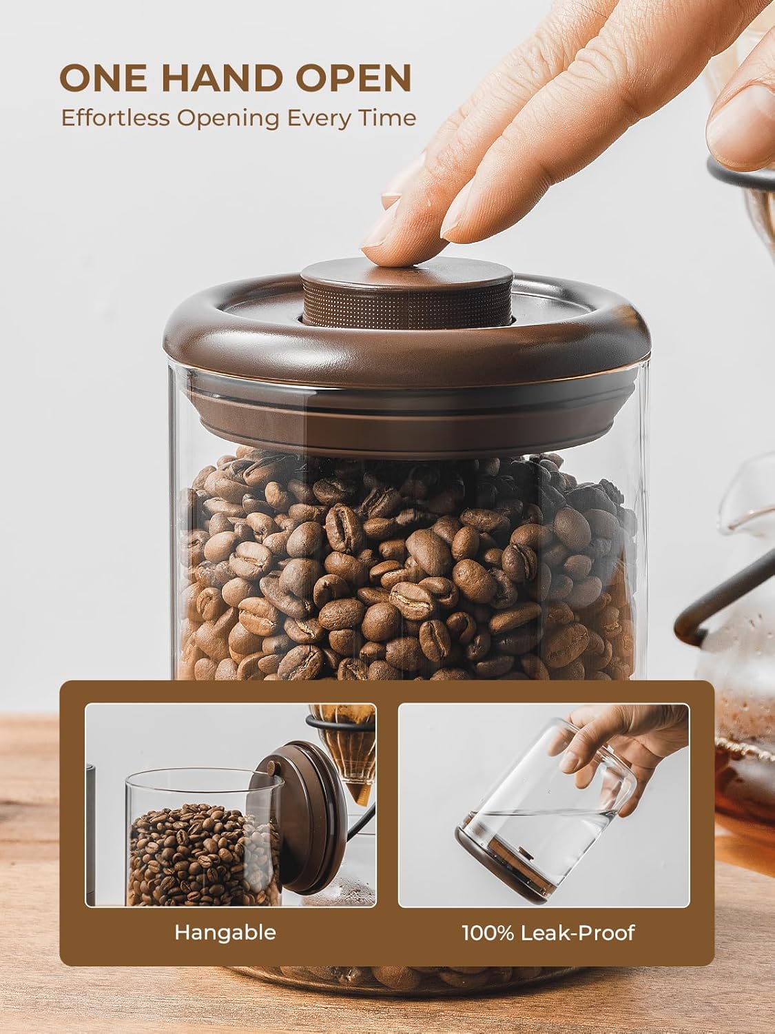 7 oz Coffee Canister, Clear Glass Jar with Airtight Pop Lid and CO₂ Valve | Small-Batch Storage for Daily Beans, Decaf, Espresso Blends and Specialty Roasts, Designed for Counters, Offices and Kitchens