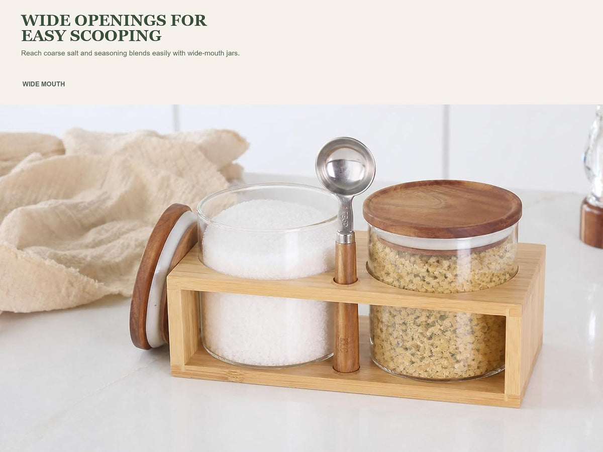 KKC HOME ACCENTS 18 oz Glass Seasoning Jars with Wood Lids, 2 Pack | Two wide-mouth glass jars, wood lids, bamboo holder and 1 tbsp scoop for kosher salt, spices and everyday seasoning.