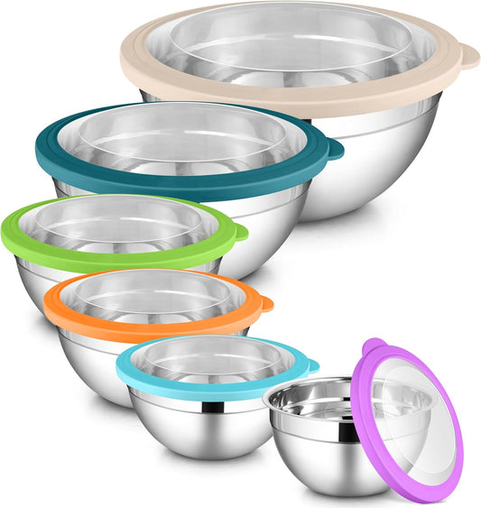 LIANYU Mixing Bowls with Visible Lid Sets of 6, Stainless Steel Metal Salad Nesting Bowls, Large & Small 7, 3.5, 2.5, 2,
