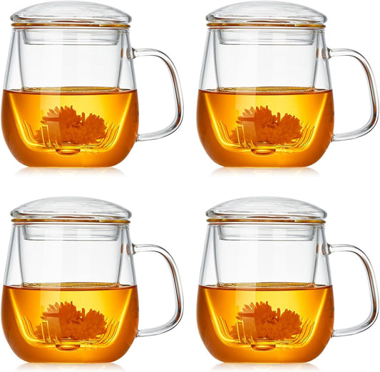 Glass Teacups 4 Pack Glass Tea Cup with Infuser and Lid, 17.6oz/520ml Large Borosilicate Teacup,Tea Clear Mug Cup for Loose
