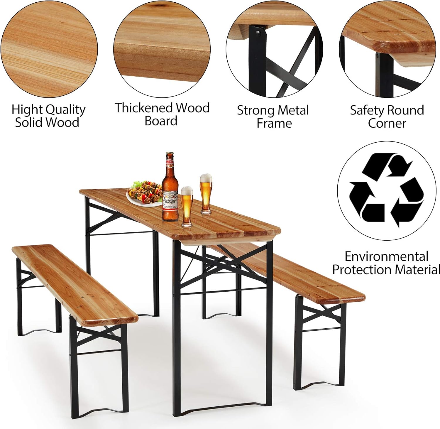 AVAWING 5.8FT 3-Piece Portable Picnic Table Bench Set, 6-8 Person Folding Wooden Dining Table Set，70" Patio Beer Table f