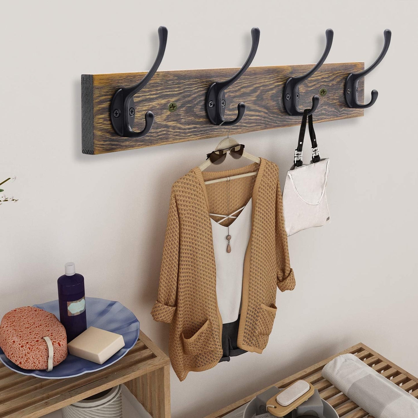 IBosins Vintage Wall Mounted Coat Rack, 17" Long with 4 Black Double Hooks