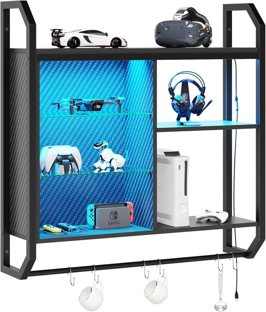 Bestier LED Gaming Floating Shelves, 34" Wall Mounted Shelf Pipe Shelves Hanging Display Rack Bookshelf with 6 S-Hook,