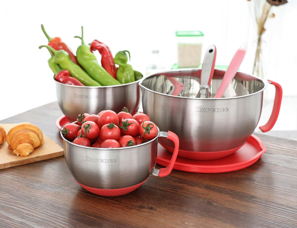 Rorence Stainless Steel Mixing Bowls Set with Lids,1.5,3 &amp; 5 Qt,Red