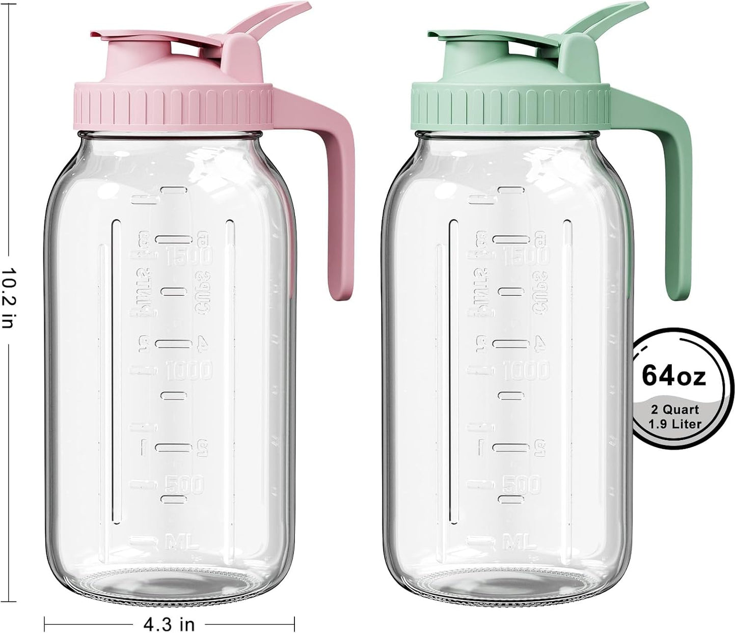 Mason Jar Pitcher Set of 2, 64oz (2quart) Glass Pitcher with Lid for Tea | Airtight, Leak proof, Ergonomic Handle, Pour Spout Lid, Fridge Safe, for Sun Tea, Iced Tea, Cold Brew, Lemonade, Outside