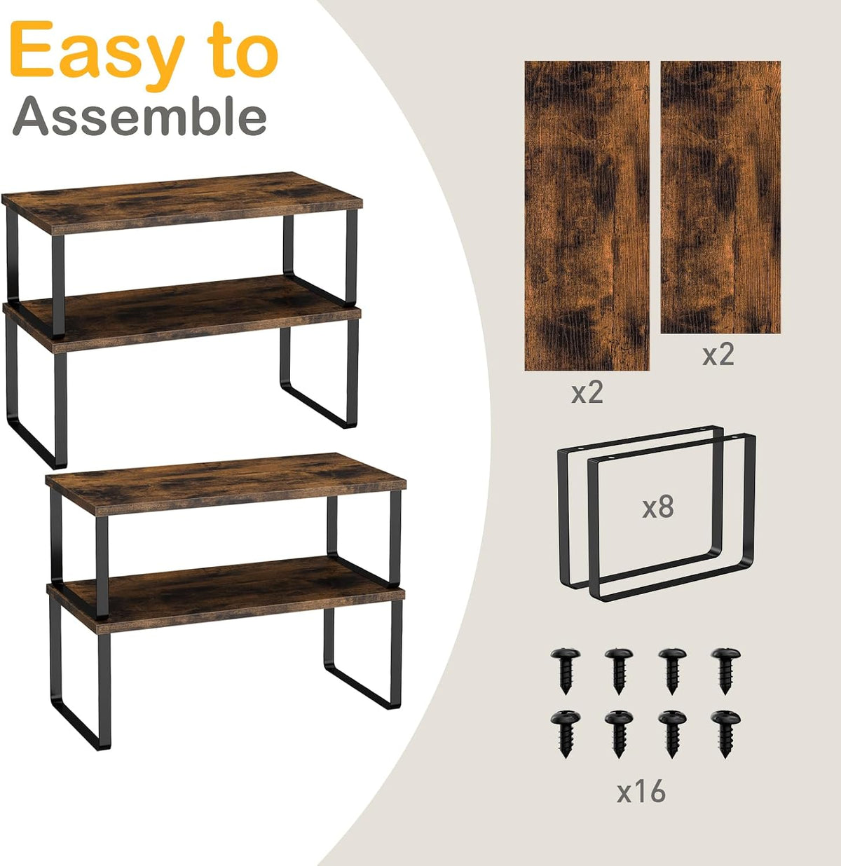 OGEMXU Cabinet Shelf Organizers, 15.7 inches Large Kitchen Counter Shelf, Set of 4 Wood Kitchen Pantry Organizer, Storage Shelves for Countertop, Spice Rack, Stackable, Expandable, Metal Black, Brown