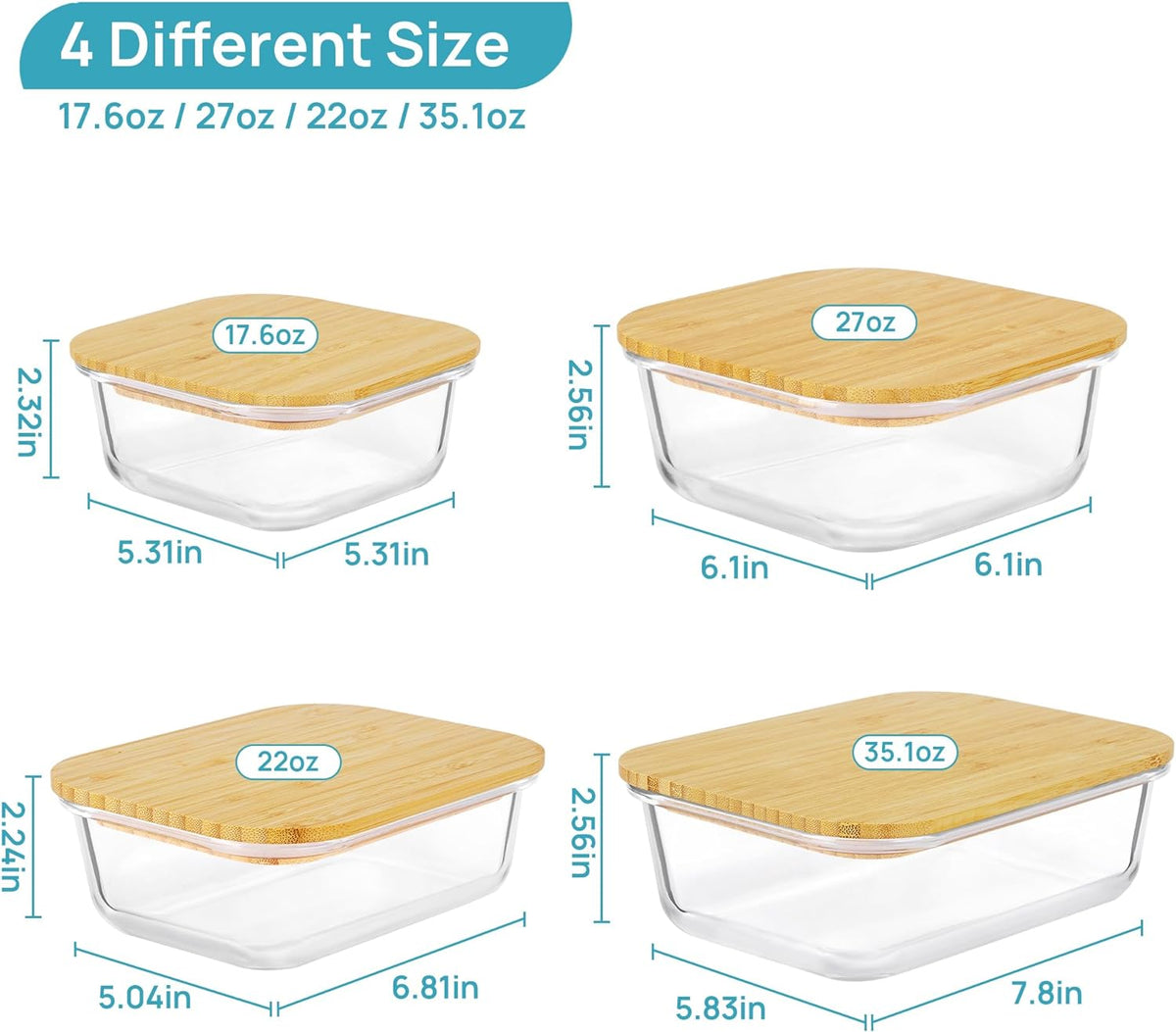 Vtopmart Glass Food Storage Containers with Bamboo Lids, 4 Pack Meal Prep Glass Containers Safe for Microwave, Oven, Freezer and Dishwasher, BPA Free