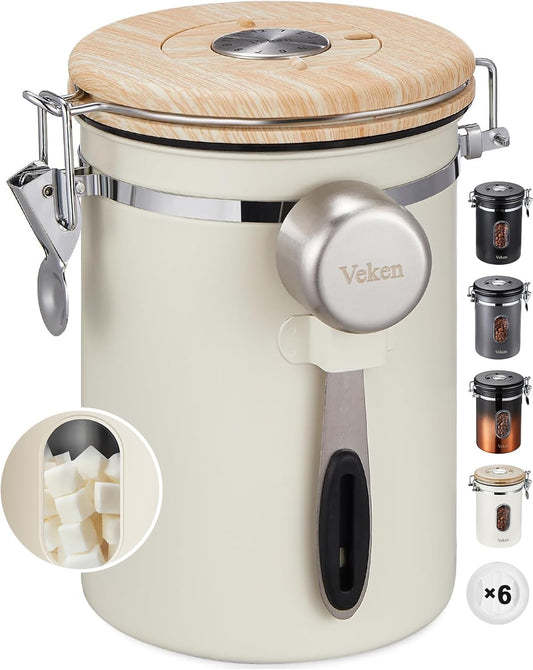 Veken Coffee Sugar Canister with Window, Coffee Lover Gift Set,Airtight Stainless Steel Kitchen Food Storage Container