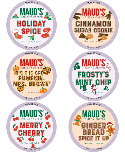 Maud's Holiday Blend Coffee Pods Variety Pack, 42 ct, 6 Assorted Flavors, Medium Roast Coffee in Recyclable Single Serve