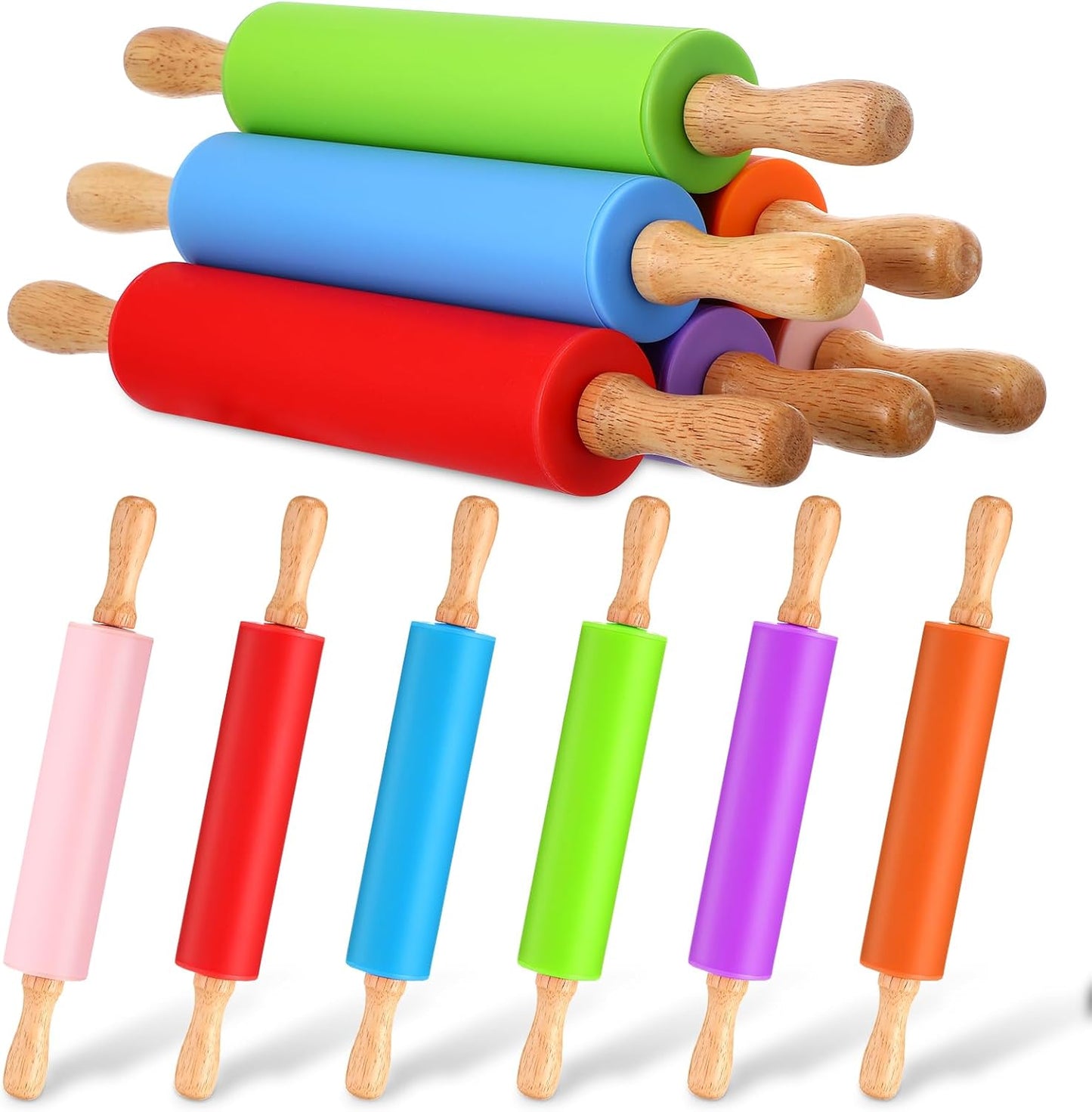 12 Pcs Small Rolling Pin Kids 12 Inch, Mini Silicone Rolling Pin | Non Stick, Kids Dough Roller with Wooden Handle for Baking, Kitchen, Cookie Pastry, Fondant Cake, 6 Colors