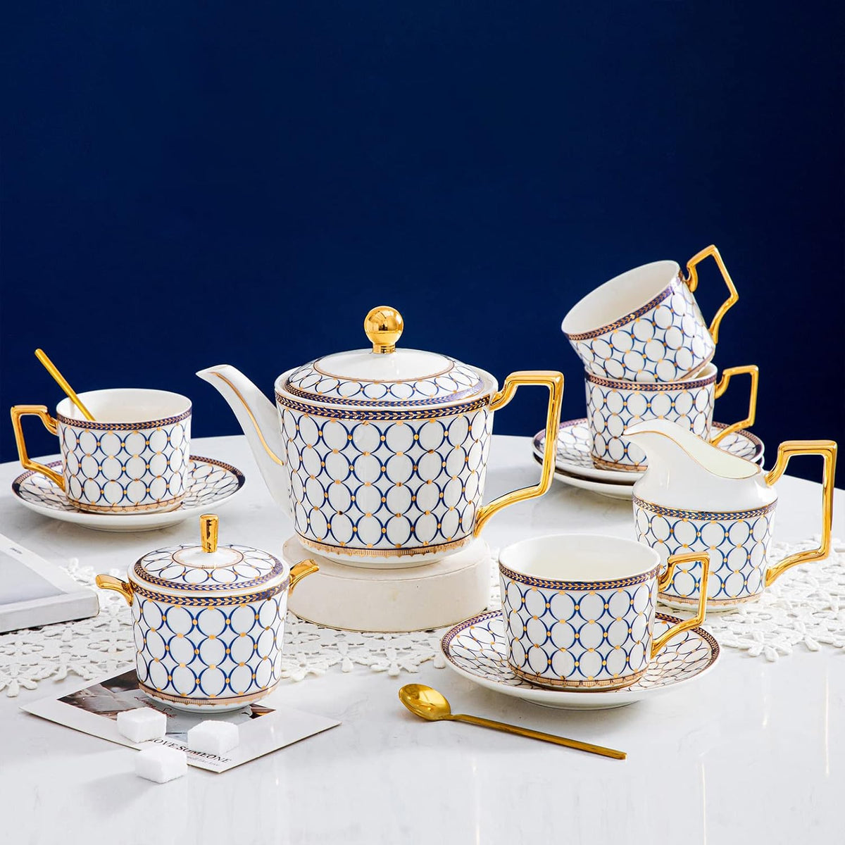 CwlwGO-15 Pieces Porcelain Tea Service Set for 4, Bone China Coffee Tea Sets,Tea Cup Set with Teapot, Sugar Bowl, Creamer Pitcher And Gifts Box, Britain Tea Cups and Saucer Sets For Women,Adults.