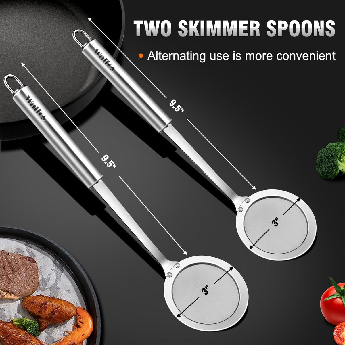 Walfos Skimmer Spoon, Stainless Steel Fine Mesh Strainer,Foam Strainer Oil Filter,Ultra Fine Mesh Strainer Perfect For Separation Of The Floating Foam,Fat,Set fo 2