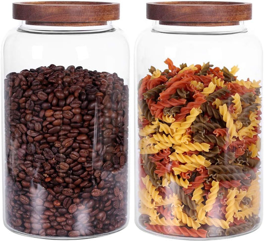 Large Glass Jar with Airtight Lid Set of 2 93 FL OZ(2750ml) glass canister set, Glass Food Containers Wooden Lid Suit for