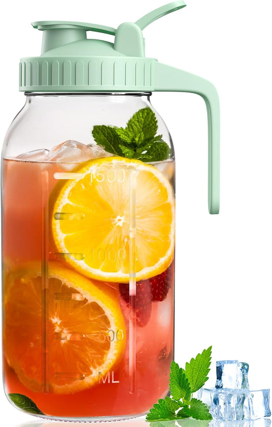 64oz Glass Mason Jar Pitcher with Lid and Spout, 2 Quart Airtight Glass Water Jug, Leakproof Wide Mouth Mason Jar Pitcher