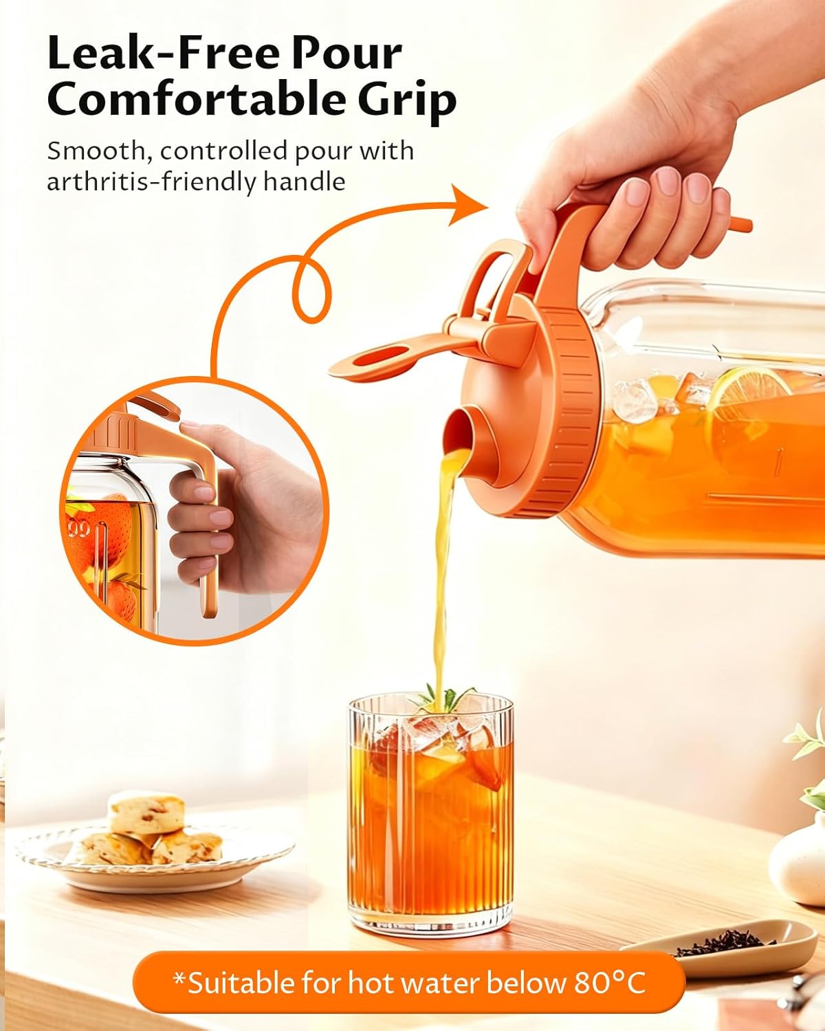 64oz (2quart) Mason Jar Pitcher, Glass Pitcher with Lid for Tea &amp; Cold Brew | BPA Free, Leakproof, Fridge/ Dishwasher safe, Ergonomic handle, Flip-cap pour spout, Wide mouth, Versatile