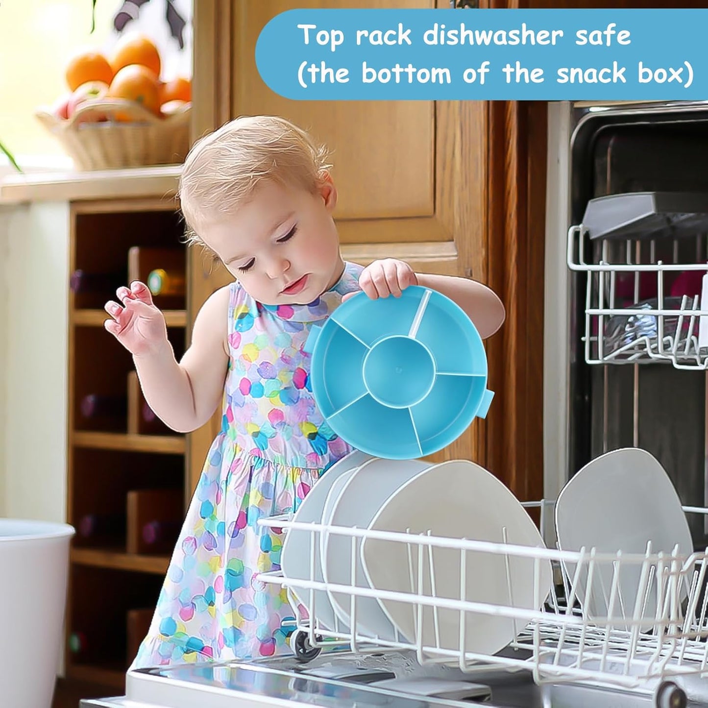 Kids Reusable Rotating Snack Container with 5 Separate Compartments, Color Matching Opening Lid, BPA/PVC-Free, Dishwasher Safe, Perfect for Travel, School Lunches & On-the-Go Snacking-Blue