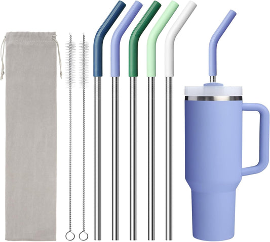 Stainless Steel Straw for 40 oz Stanley Tumbler Cup，Straight Reusable Metal Straws with Silicone Tips & Cleaning Brush for