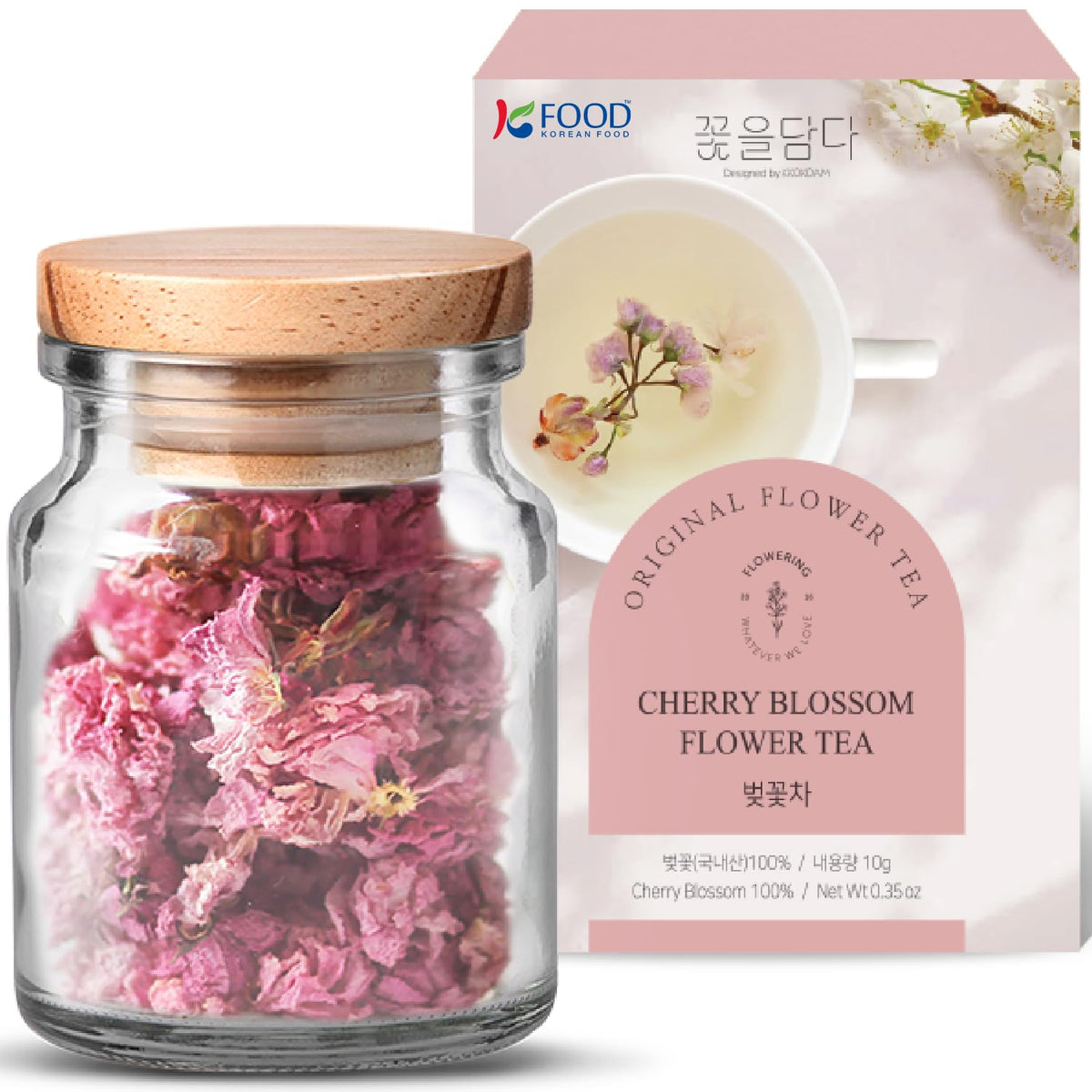 Korean Food KKOKDAM Cherry Blossom Flower Tea, Decaf Floral Blend, 10g | Decaf cherry blossom flower tea made with whole flowers, caffeine free, sugar free, and zero calories. Made in Korea.
