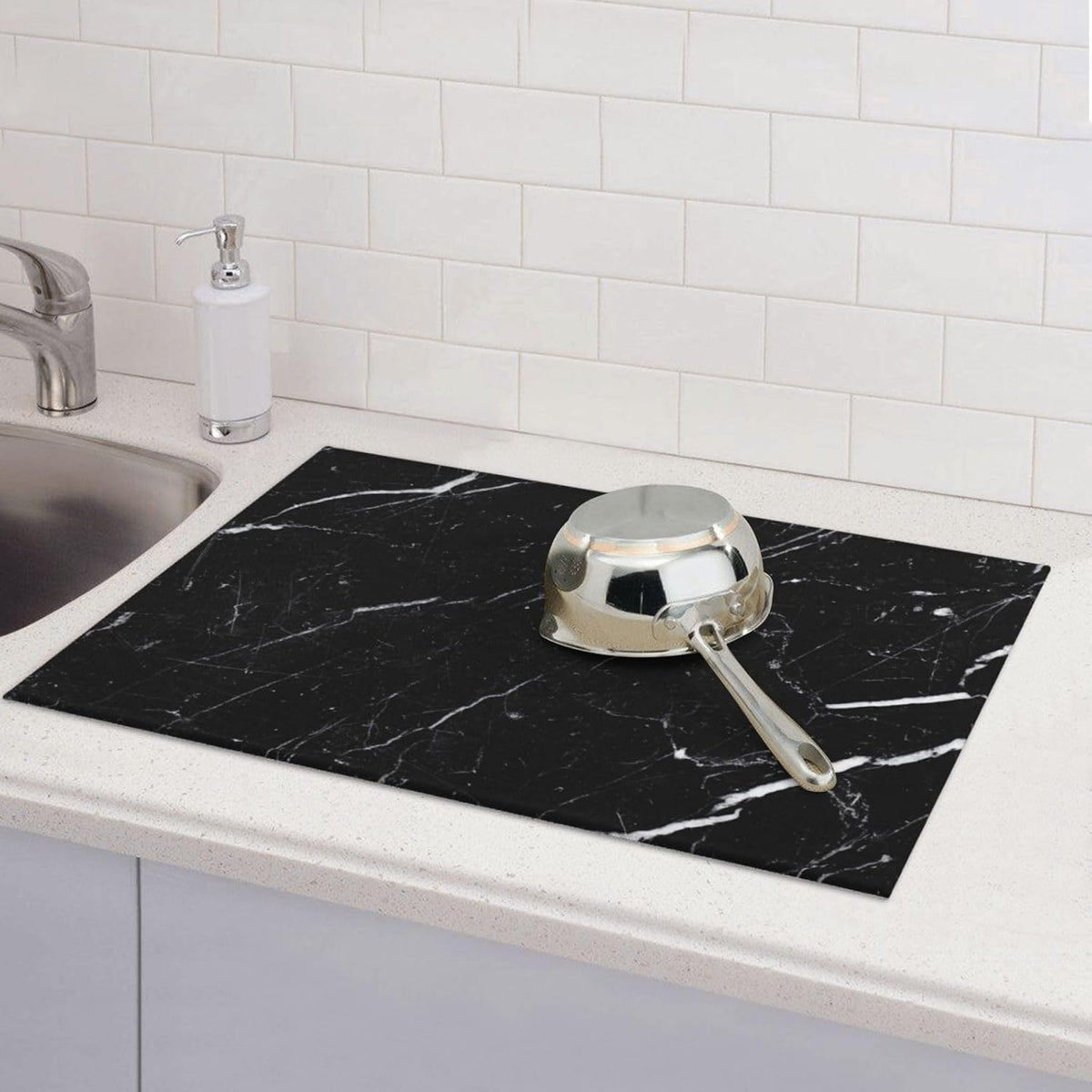 Black Marble Dish Drying Mat, Coffee Bar Mat, 18x24 Inch | Ultra absorbent microfiber • Conceals coffee stains • Thick sponge core • Machine washable • Protects countertops