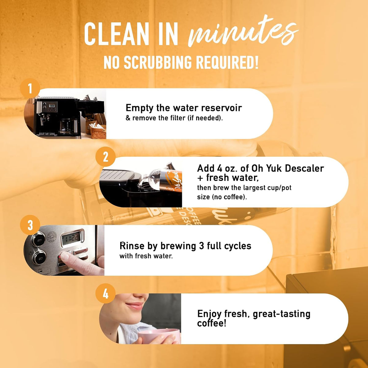 Oh Yuk Coffee Machine Descaler - Cleaning and Descaling Solution Universally Compatible for All Brands and Machine Types: Breville, Delonghi, Nespresso, Keurig - 16 oz (1)