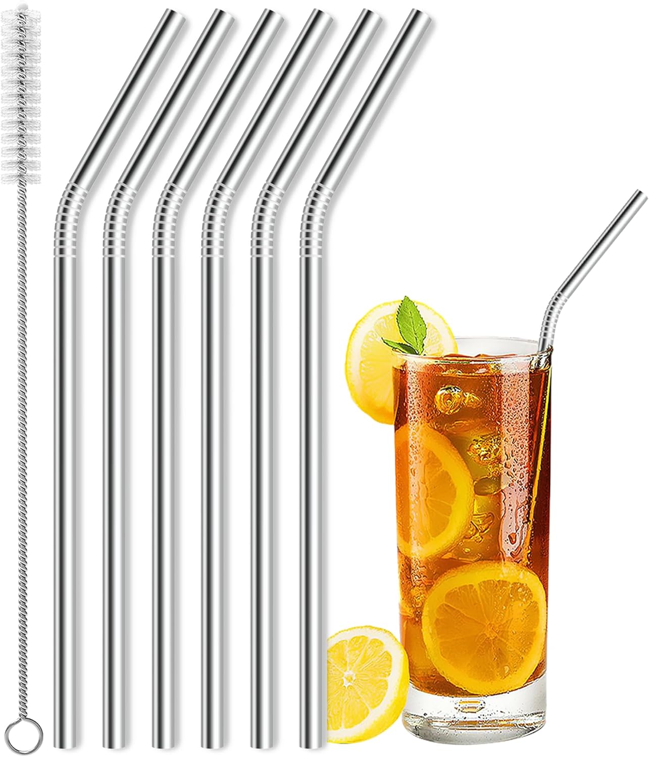 Besteek Home 6 Pcs Reusable Stainless Steel Metal Straws &amp; Cleaning Brush