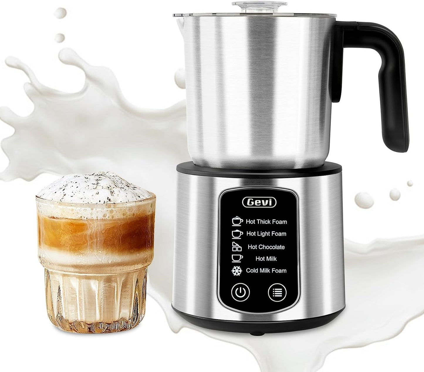 Gevi Milk Frother,5 in 1 Stainless Steel Professional Milk Steamer，Easy to Clean Hot Chocolate Maker,for Hot and Cold Milk Frother for Latte,Macchiato,Cappuccino and Hot Chocolate