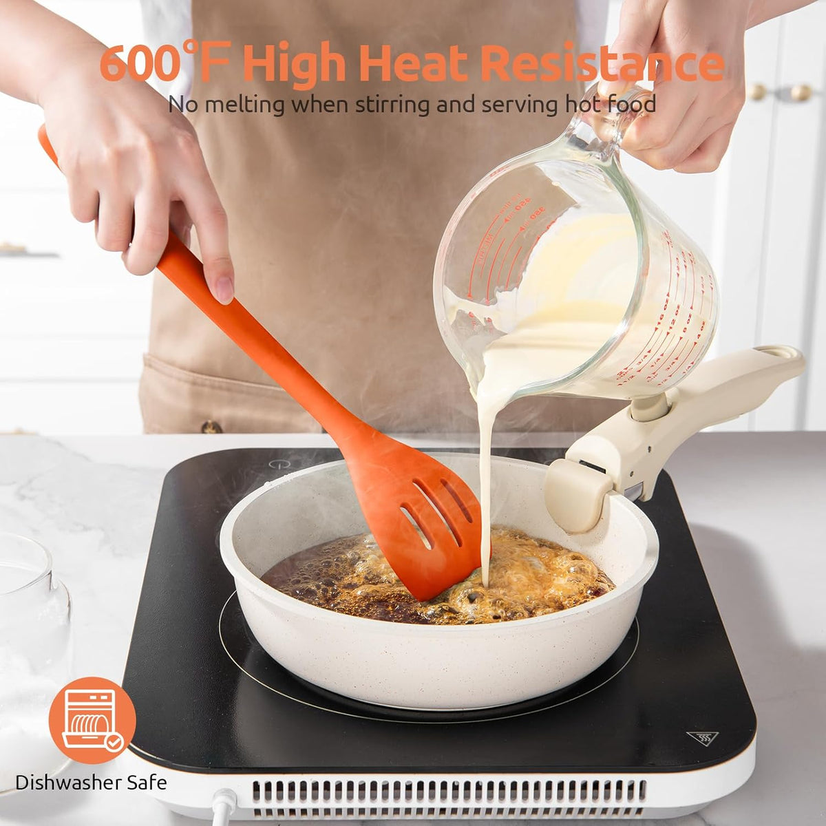600ºF Heat Resistant Silicone Spoons: U-Taste 13.3in Solid & Slotted Kitchen Cooking Spoon, Nonstick Long Rubber Utensil, Sturdy for Mixing, Serving, Stirring, Frying, Draining (Orange, 2PCS)