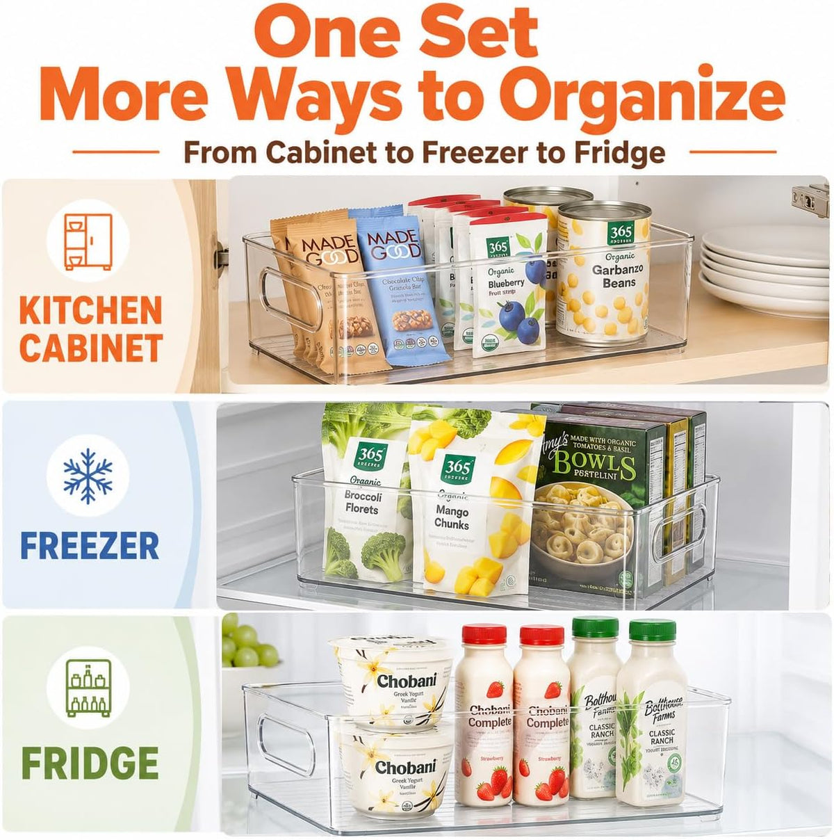 LotFancy Refrigerator Organizer Bins, 4 Pack,10x6x3 in, BPA Free Clear Plastic Storage Bins for Pantry Organization, Stackable Containers with Handles for Fridge, Kitchen Drawer, Freezer, Cabinet