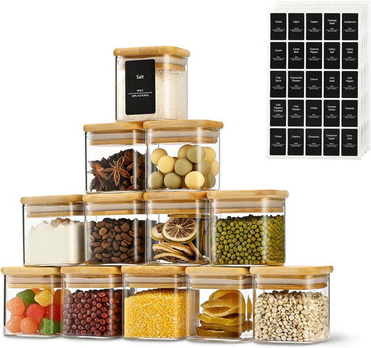 5oz Airtight Square Spice Containers with Bamboo Lid Set of 12 with Black Lables Storage Stackable Spice Jar, Kitchen