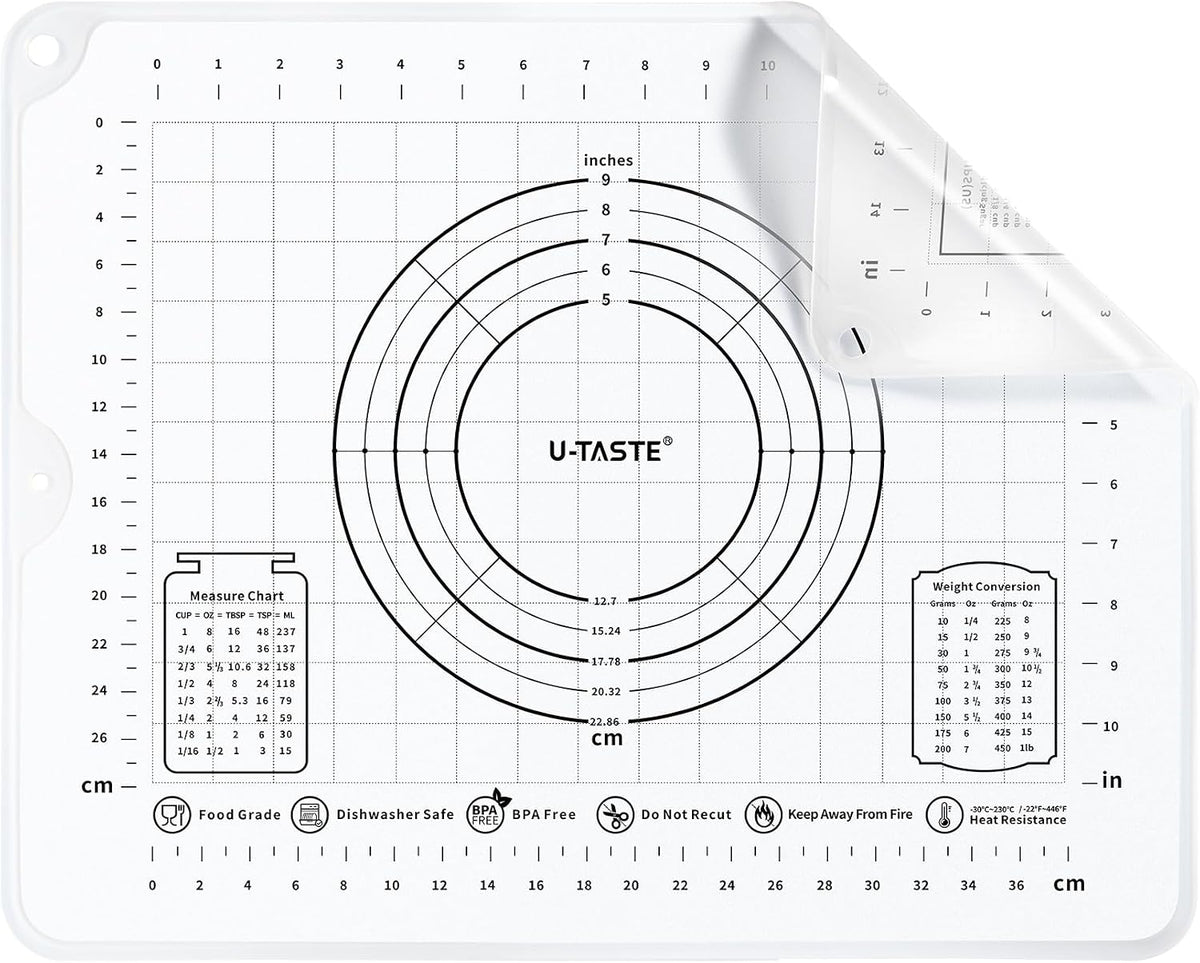 U-Taste Silicone Pastry Mat, Dough Rolling Baking Sheet, 16x20"/Transparent | Food-Grade Liquid Silicone, Non-Stick Non-Slip, Baking Supplies for Pizza Cookie Pie Crust, Clear Measurement &amp; Raised Edges
