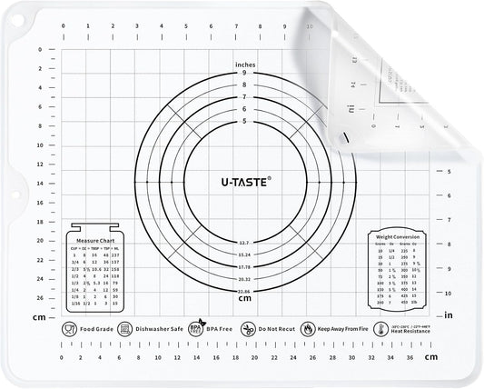 U-Taste Silicone Pastry Mat, Dough Rolling Baking Sheet, 16x20"/Transparent | Food-Grade Liquid Silicone, Non-Stick Non-Slip, Baking Supplies for Pizza Cookie Pie Crust, Clear Measurement &amp; Raised Edges