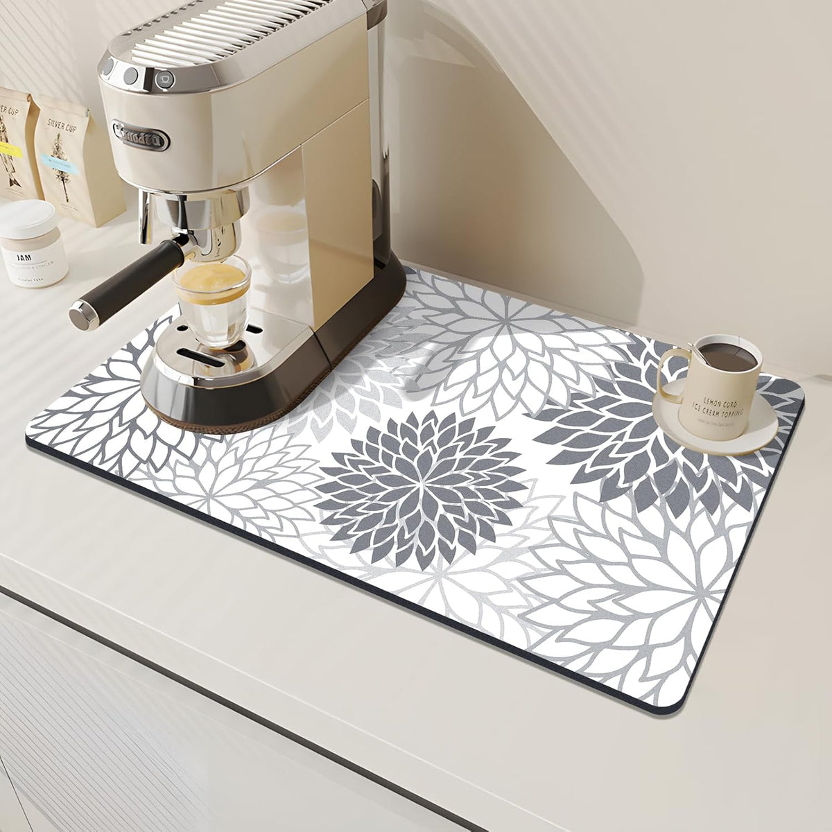 Findosom 2PCS 16" x 24" Dish Drying Mat & 24" x 5.5" Sink Splash Guard, Super Absorbent & Cuttable Dish Mat Drying Kitchen Mat with Gray Floral, Hide Stain Drying Mat for Kitchen Counter