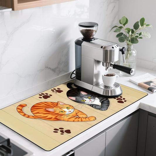 17"x 32" Coffee Bar Mat, Cats Absorbent Dish Drying Mat Cuttable Hide Stain Draining Table Pad for Kitchen Counter, Coffee