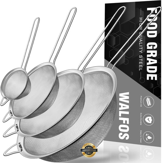 Walfos Extra Fine Mesh Strainer Set of 4-9.5", 7", 4.7", 2.8", Stainless Steel 30 Mesh Sieve with Sturdy Handle, Kitchen