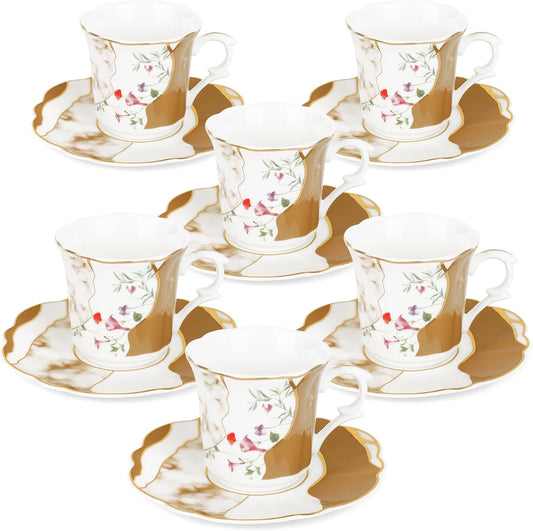 fanquare 2.5 Ounce Demitasse Cup and Saucers, 12 Pieces Ceramic Espresso Cups Set of 6, Brown Marble Pattern Espresso Mugs