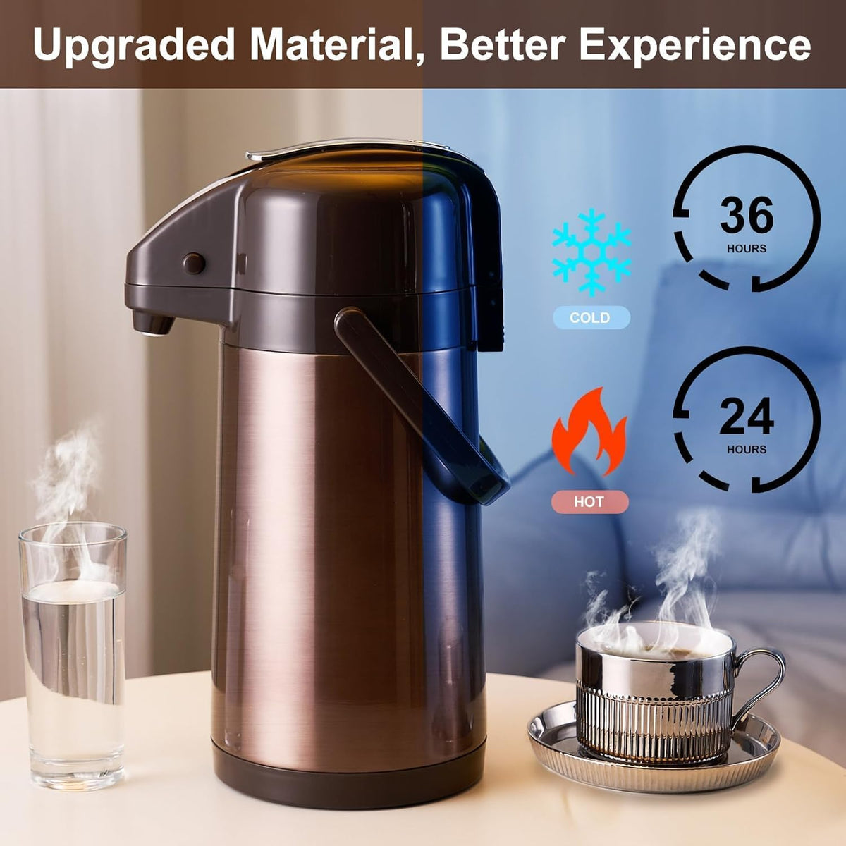 PARACITY Coffee Carafe, 84.5 fl oz/2.5 L Airpot Coffee Dispenser with Pump | Vacuum insulated stainless steel beverage dispenser uses dual pumps and a 360° base for 24-hour hot or 48-hour cold service.