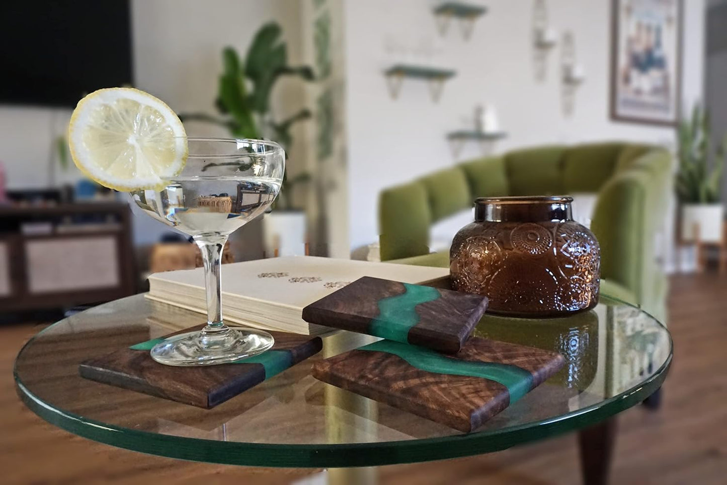 Wood Coaster Set for Drinks | Handmade with Dark Walnut &amp; Natural Wood Sealant Finish for Water Resistance, Easy Cleaning &amp; No Stains | Epoxy Resin River (4 Pieces) (Green)