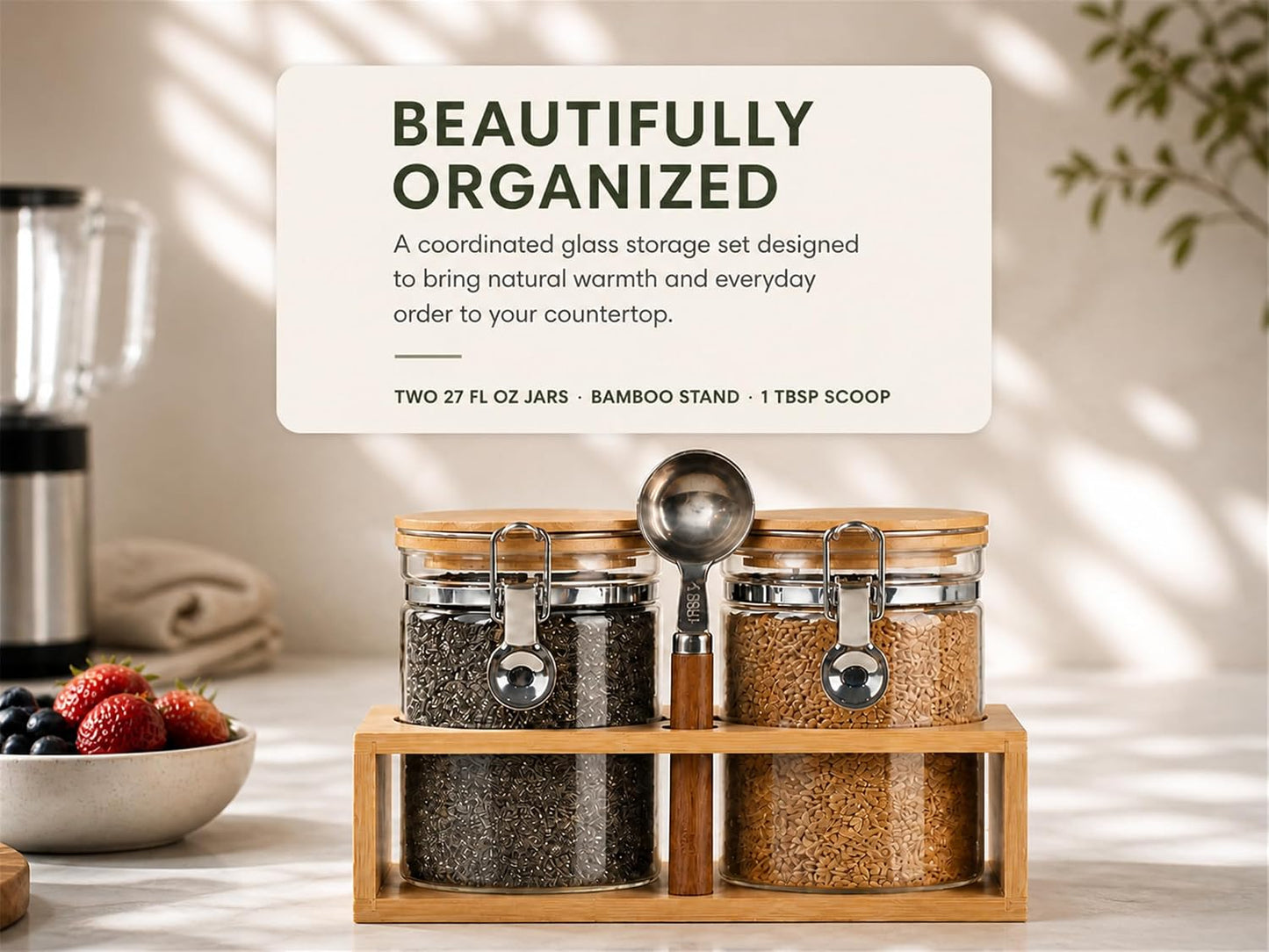 KKC HOME ACCENTS Glass Canisters Set with Bamboo Rack &amp; Spoon, 27oz 2 Pack